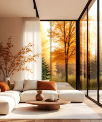Minimalist living with Seasonal Decor and Warm Garden Atmosphere,ideal for design visuals.