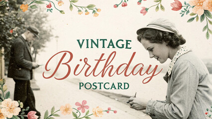 Vintage birthday postcard featuring a woman writing a note with a floral border