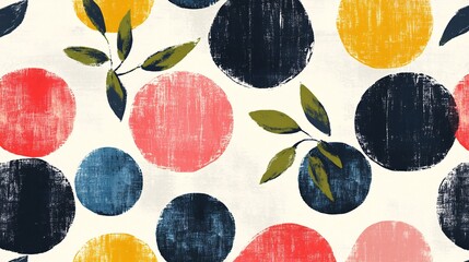 abstract artistic pattern of colorful circles and green leaves on textured background
