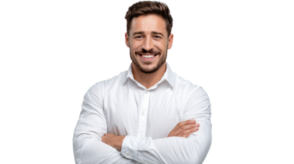 Smiling Businessman: A captivating portrait of a self-assured, smiling businessman in a crisp white shirt, arms crossed, radiating confidence and approachability.