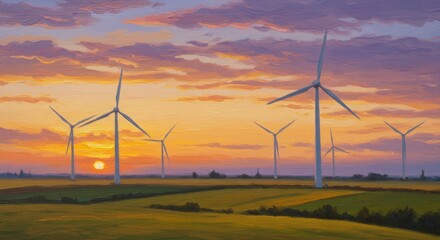 Impressionistic Wind Turbines at Sunset: Golden Hour Energy Landscape Painting