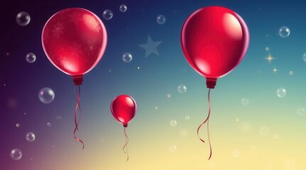 Fototapeta premium Floating Balloons: Red balloons with ribbons and bubbles against a magical, gradient colored background.