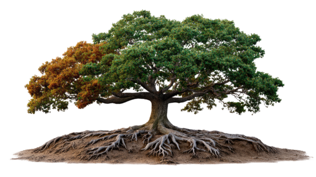 Seasons of Life: A majestic tree embodies the changing seasons, with lush green foliage, golden leaves, and a strong root system, symbolizing growth, resilience, and the cycle of life.