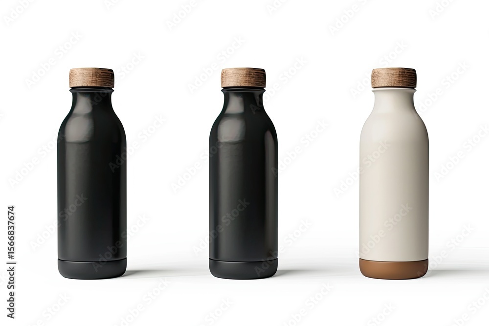 Poster sharp picture of matt drink bottles front side isolated in white background