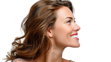 Radiant Smile Profile: A captivating profile of a woman with a radiant smile, showcasing healthy, glowing skin and lustrous brown hair. Her joyful expression exudes confidence and optimism.