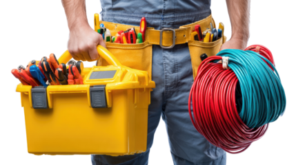 Electrician's Kit and Wire: A skilled electrician, equipped with a toolkit and electrical wires, prepares for electrical work, embodying skill, dedication, and the essence of craftsmanship.