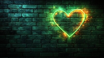 Vivid neon heart glows against a textured brick wall, creating a vibrant urban atmosphere
