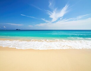 Obraz premium Turquoise sea meets golden sand under a bright, cloud-strewn sky