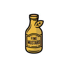 A stylized illustration of a bottle of fine mustard with a leaf accent presented as a simple graphic icon on a white background