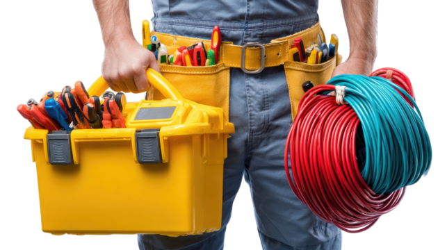 Electrician's Kit and Wire: A skilled electrician, equipped with a toolkit and electrical wires, prepares for electrical work, embodying skill, dedication, and the essence of craftsmanship.