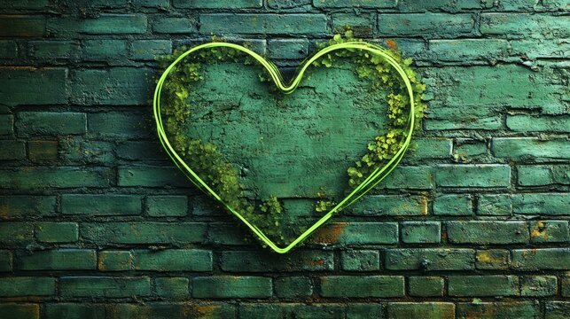 Green heart shape surrounded by climbing plants on a textured brick wall