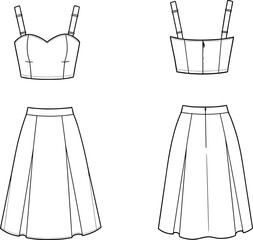 Sleeveless crop top and pleated skirt sketch, fitted strap design with high-waisted silhouette, fashion drawing, front and back garment illustration template