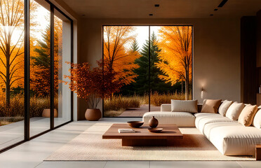 Contemporary lounge with minimalist furnishings, natural wood furnishings and abundant natural light