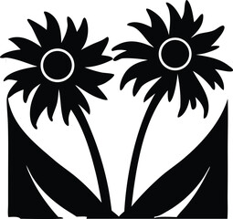 Two stylized black flowers with pointed petals and circular centers stand tall against a white background with large green leaves