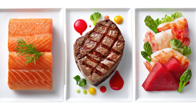 Gourmet Dish Arrangement: A visually stunning array of gourmet dishes, featuring succulent salmon, a perfectly grilled steak, and an exquisite seafood medley.