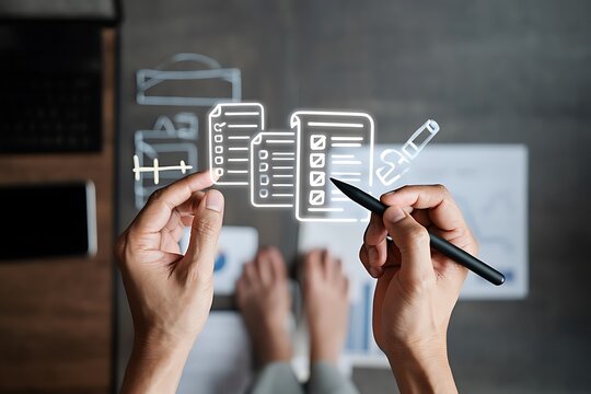 Analyzing Project Documents and Tasks with a Digital Checklist and Pen Demonstrating Efficient Workflow Management and Data Organization for Business Success and Strategic Planning