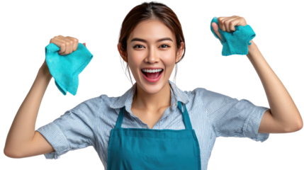 Cleaning triumph: A joyful woman embraces the cleaning with cloths in her hands, radiating positivity and energy while accomplishing the task.