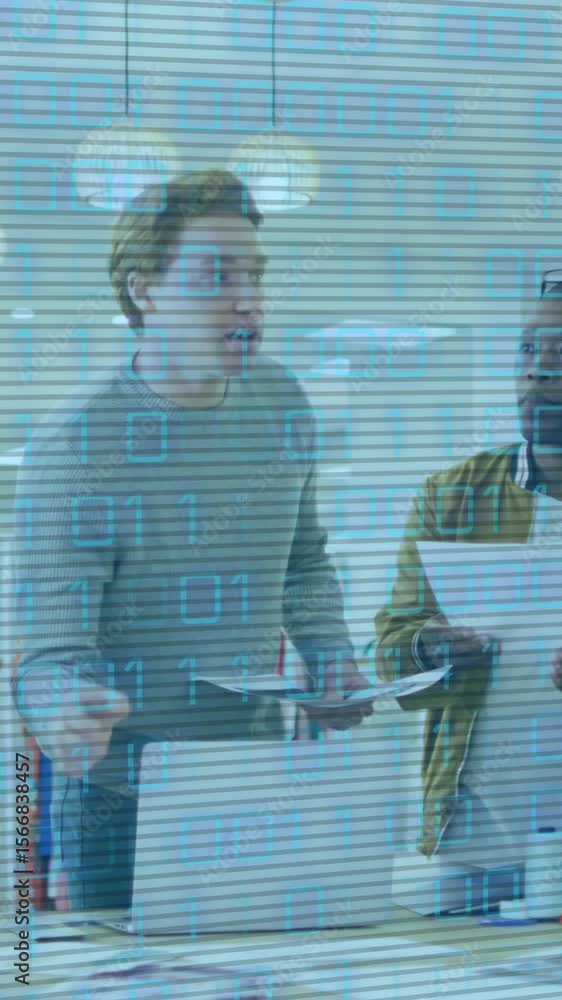 Aufkleber animation of binary code over diverse coworkers talking in office