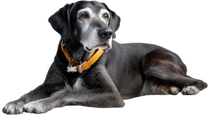 Loyal Companion: A dignified, elderly dog with a graying muzzle rests serenely. The animal's attentive gaze and relaxed posture suggest a life of companionship and love. 