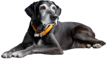 Loyal Companion: A dignified, elderly dog with a graying muzzle rests serenely. The animal's attentive gaze and relaxed posture suggest a life of companionship and love. 