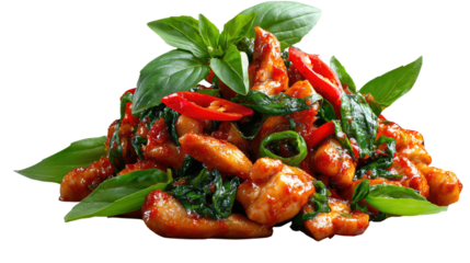 Spicy Chicken Stir-fry: A vibrant and flavorful stir-fry featuring tender chicken pieces, aromatic basil leaves, fiery red chilies, and a rich, savory sauce.