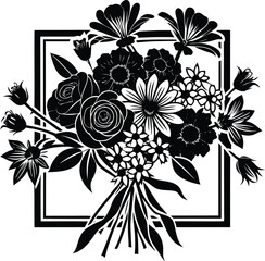 Elegant black and white silhouette floral arrangement featuring roses and daisies within a square frame