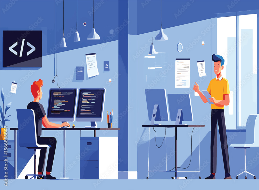 Poster software developers collaborating in modern office space