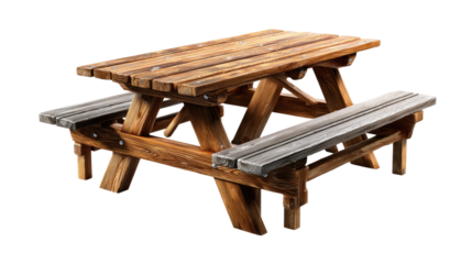 Picnic Table: A classic outdoor picnic table, perfect for relaxing, dining, and enjoying the natural beauty of the great outdoors. A symbol of leisure.