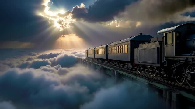 A train traveling through the clouds on a bridge