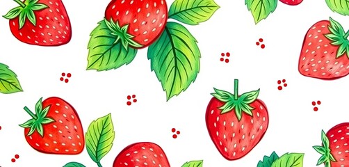 Whimsical hand-drawn strawberry pattern with vibrant leaves on white , texture, artwork