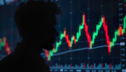 A Blurred Silhouette of a Person is Seen in The Foreground With a Background of a Stock Market Chart Displaying a Fluctuating Trend Line in Red and Green