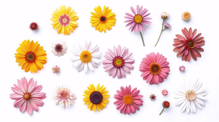 collection of blooming flower heads in warm and pastel tones isolated on white background