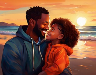 Ein glücklicher Vater und seine Tochter lächeln gemeinsam am Sandstrand bei Sonnenuntergang