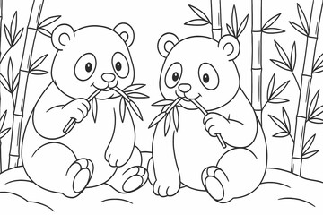 Naklejka premium Cute coloring page of two pandas sitting side by side eating bamboo in a forest. Perfect for kids who love adorable wildlife scenes