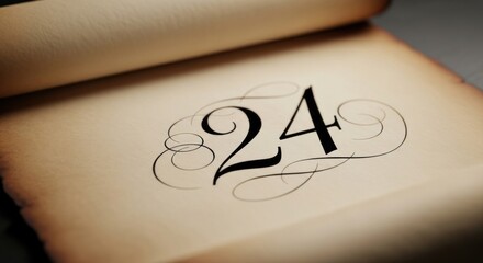 The number twenty-four in ornate, black calligraphy on a vintage parchment scroll. A conceptual design for a special occasion or historical document.