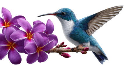 Fototapeta premium Hummingbird with Plumeria Flowers: A detailed shot of a vibrant hummingbird perched gracefully on a branch next to a cluster of lovely plumeria flowers, celebrating the simple beauty of nature