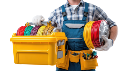 Electrician's Toolkit: A skilled electrician, meticulously dressed in overalls, prepares for work, holding his organized toolkit filled with vital cables and tools ready to ensure your safety.