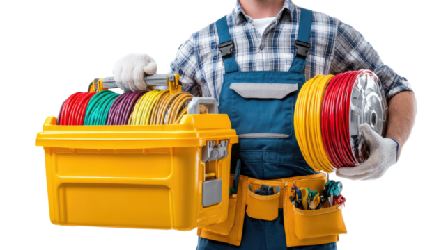 Electrician's Toolkit: A skilled electrician, meticulously dressed in overalls, prepares for work, holding his organized toolkit filled with vital cables and tools ready to ensure your safety. - Powered by Adobe