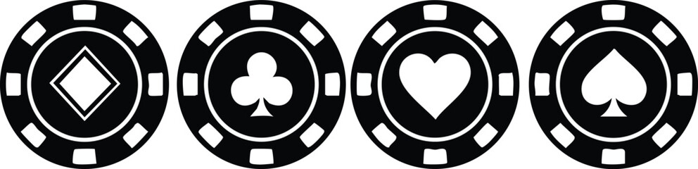 Naklejka premium Poker chips with diamond club heart spade symbols casino gambling vector design icons black and white