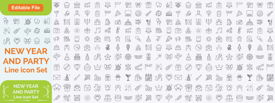 celebration & party line editable icon set. Birthday Line Icons Editable Stroke. and big line icon set..