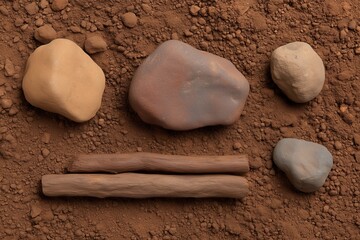 Natural arrangement of rocks and sticks on bed of soil earthy still life