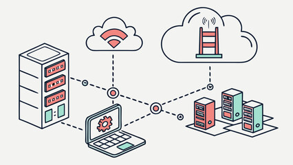 Conceptual illustration of a distributed network system connecting servers a laptop and cloud services with wireless connectivity and data transfer pathways isolated on white background
