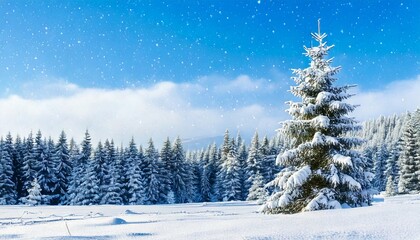 Naklejka premium Beautiful winter snowy background. Snow-covered fir tree in forest in snowdrifts in snowfall 