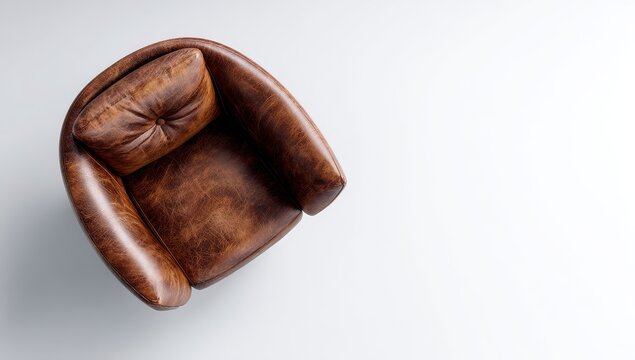 Top down aerial view of a luxurious brown leather armchair isolated on a white background. Minimalist interior furniture concept with copy space. - Powered by Adobe