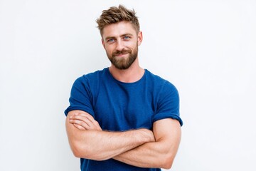 Obraz premium Portrait of a confident handsome bearded man smiling with crossed arms. A friendly young caucasian male model posing in a blue shirt on a white background.