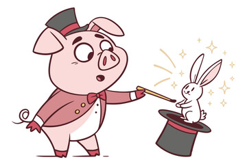 Vector cute Pig cartoon character, dressed as a magician, pulling a rabbit from a hat, surprised and enchanting expression, sparkling magic, isolated on white background