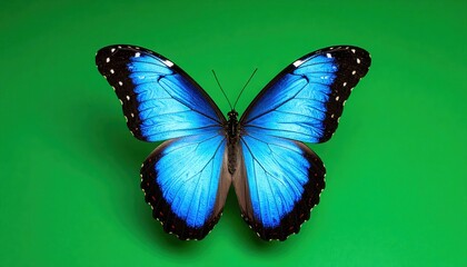 Obraz premium Vivid blue butterfly with patterned wings resting on bright green