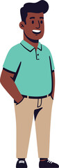Fototapeta premium Man standing smiling with hands in pockets wearing turquoise shirt and beige pants casual style vector illustration