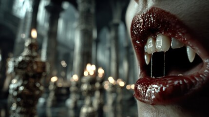 Vampire revelry unfolds with sharp fangs and crimson lips in an ethereal gothic realm