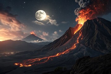 Active volcano with flowing lava under full moon night sky high resolution photo